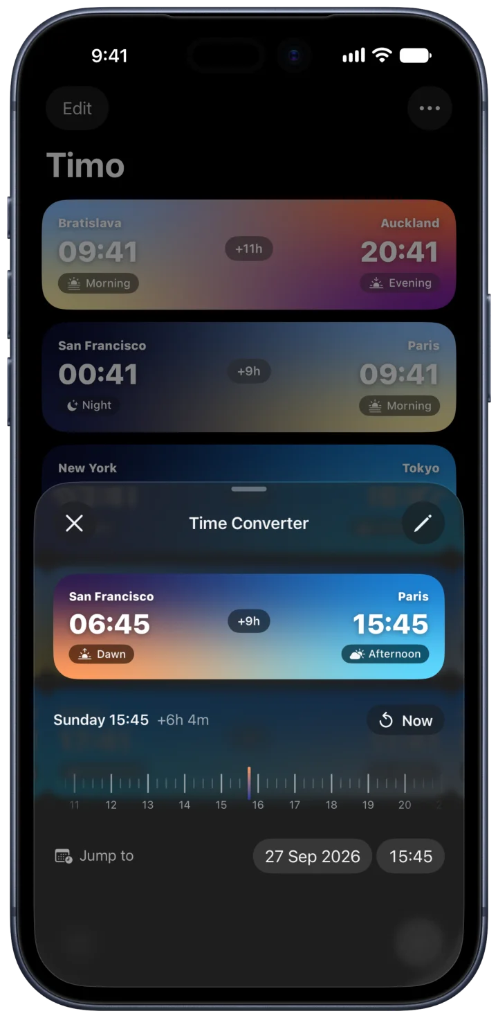 Timo's Time Converter: San Francisco at 06:45 and Paris at 15:45, with a dial below